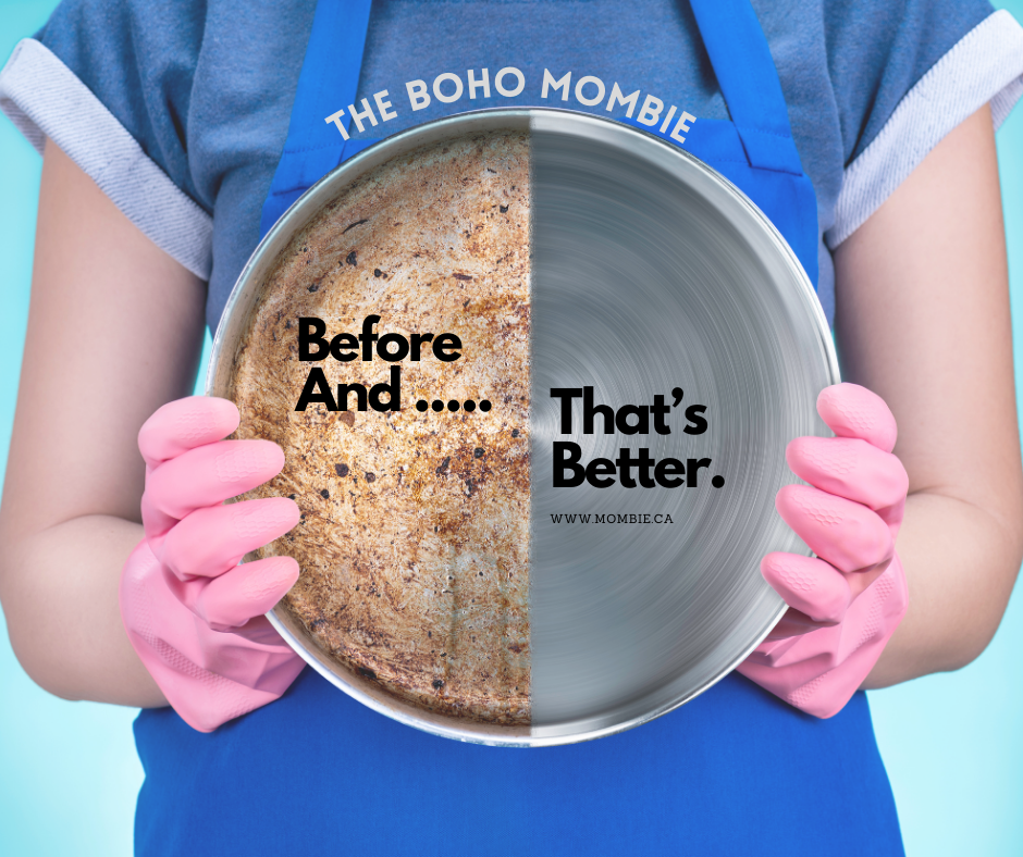 A frying pan half clean, and half dirty, with wording that says "Before and...Thats's Better"